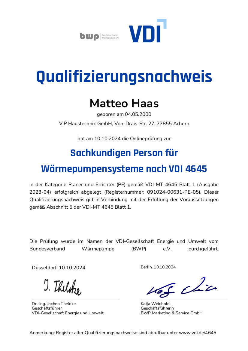 Qualifizierung W&auml;rmepumpensysteme VDI 4645 &ndash; VIP Haustechnik GmbH
